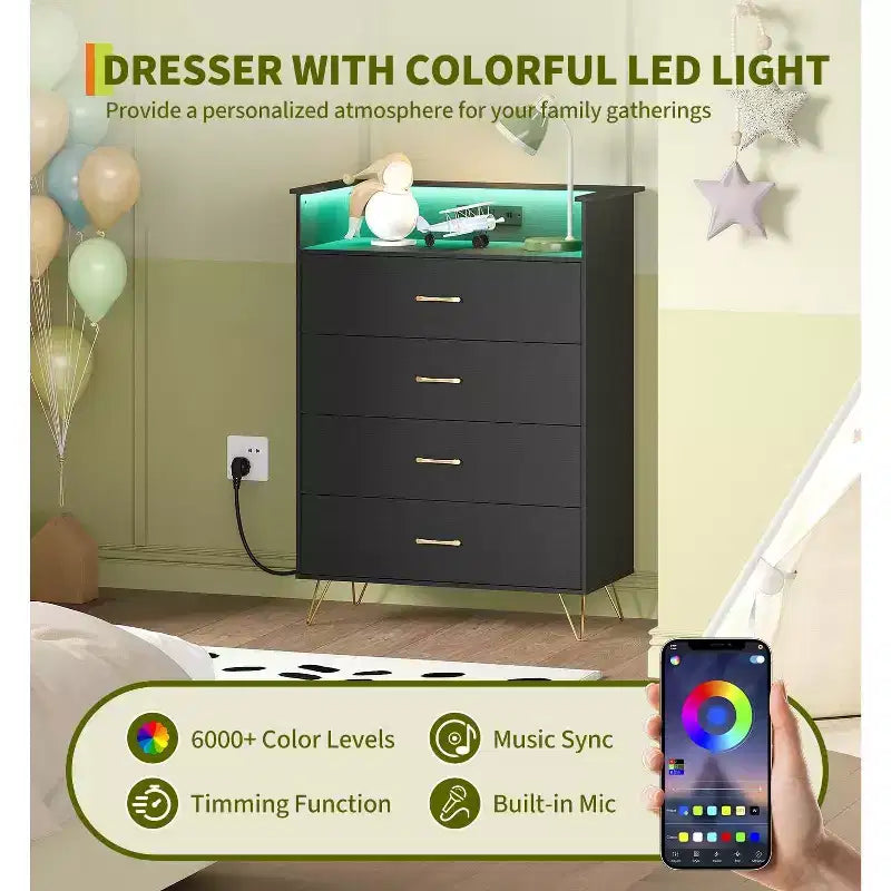 4-Drawer Dresser with RGB Lights & Charging Station, App Controlled Music Sync LED Dresser, Wooden Chest of Drawers for Bedroom, Closet, Living Room