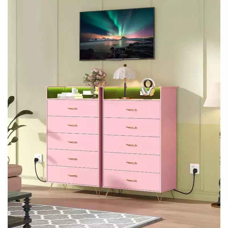 4-Drawer Dresser with RGB Lights & Charging Station, App Controlled Music Sync LED Dresser, Wooden Chest of Drawers for Bedroom, Closet, Living Room