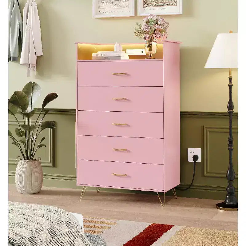 4-Drawer Dresser with RGB Lights & Charging Station, App Controlled Music Sync LED Dresser, Wooden Chest of Drawers for Bedroom, Closet, Living Room