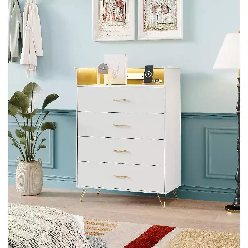 4-Drawer Dresser with RGB Lights & Charging Station, App Controlled Music Sync LED Dresser, Wooden Chest of Drawers for Bedroom, Closet, Living Room