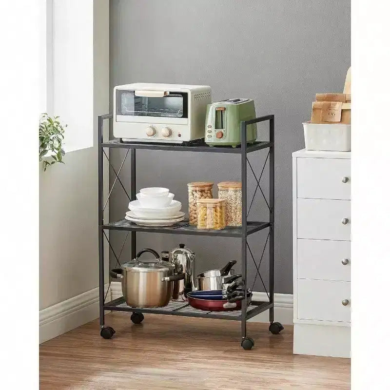 3 - Tier Metal Storage Rack with Wheels Mesh Shelving Unit X Side Frames 23.6 - Inch Width Black Entryway Kitchen