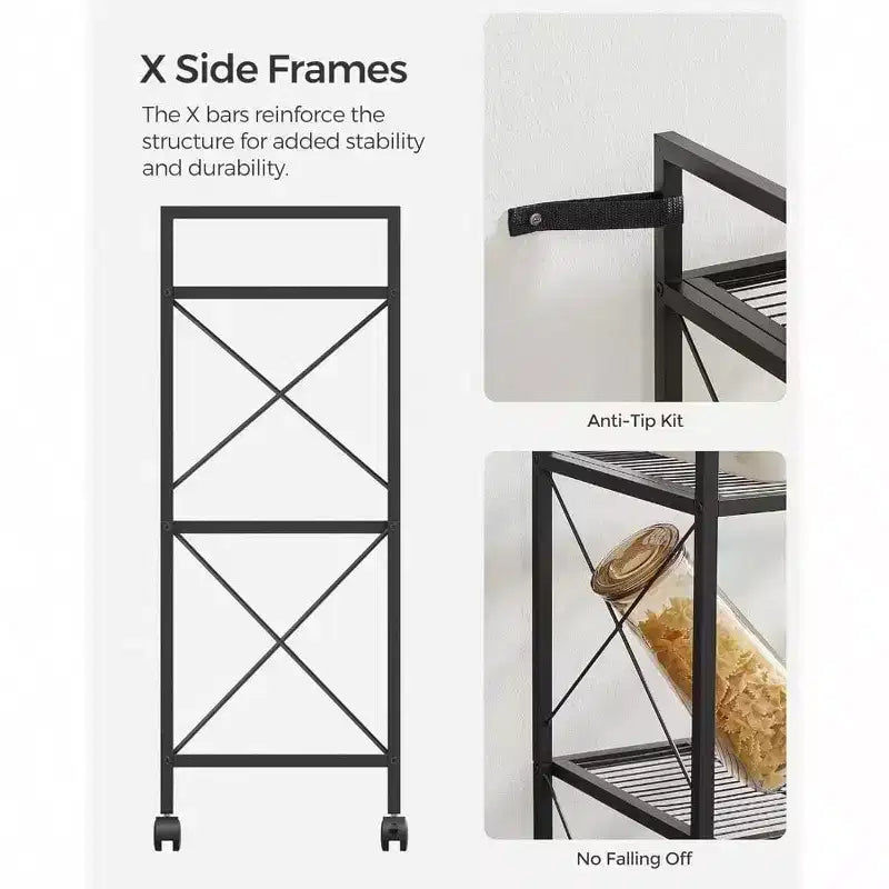 3 - Tier Metal Storage Rack with Wheels Mesh Shelving Unit X Side Frames 23.6 - Inch Width Black Entryway Kitchen