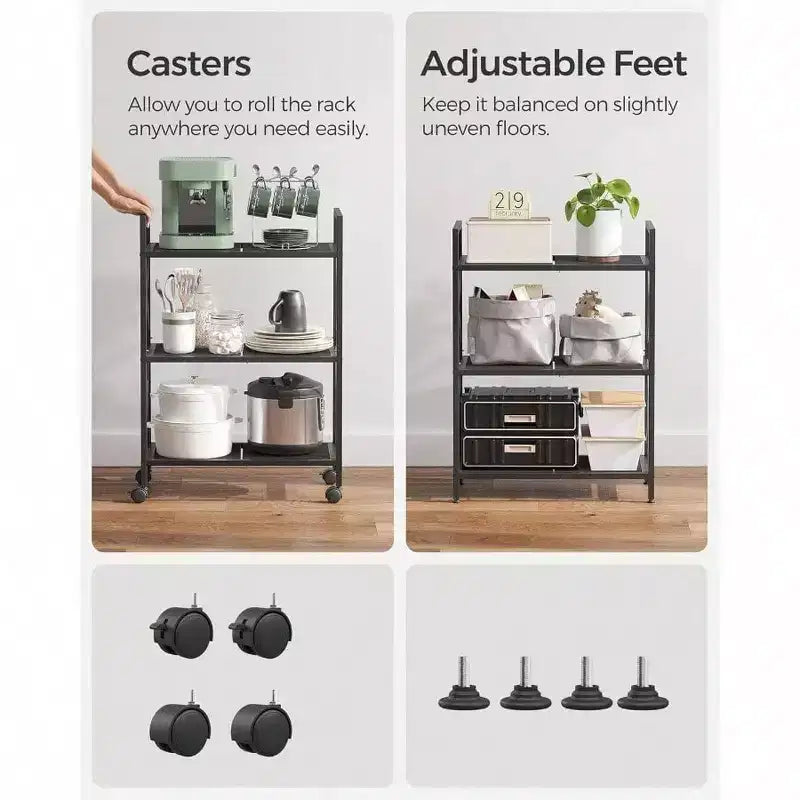 3 - Tier Metal Storage Rack with Wheels Mesh Shelving Unit X Side Frames 23.6 - Inch Width Black Entryway Kitchen
