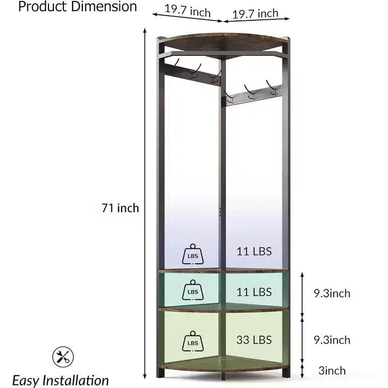 Coat Rack with 3 Storage Shelves, 6 Double Hooks & Spacious Storage Shelf, Corner Hall Tree and Clothes Rack Stone