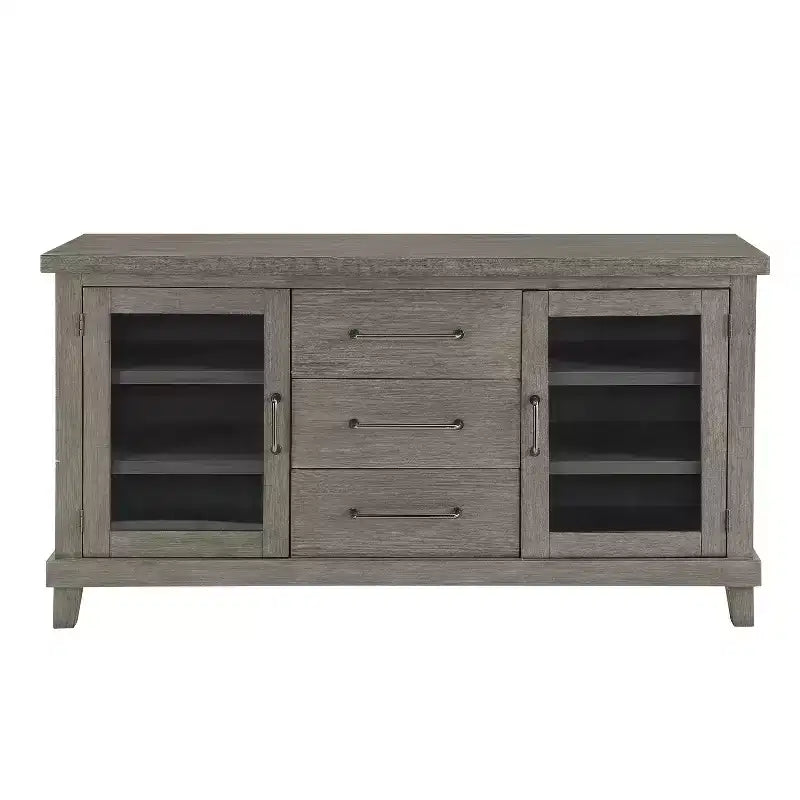 Mila Server Washed Gray - Steve Silver Co.: Contemporary Style, Veneer Finish, Glass Doors, 3 Drawers