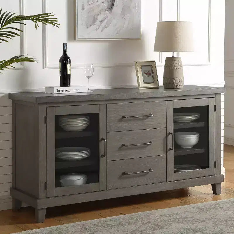 Mila Server Washed Gray - Steve Silver Co.: Contemporary Style, Veneer Finish, Glass Doors, 3 Drawers