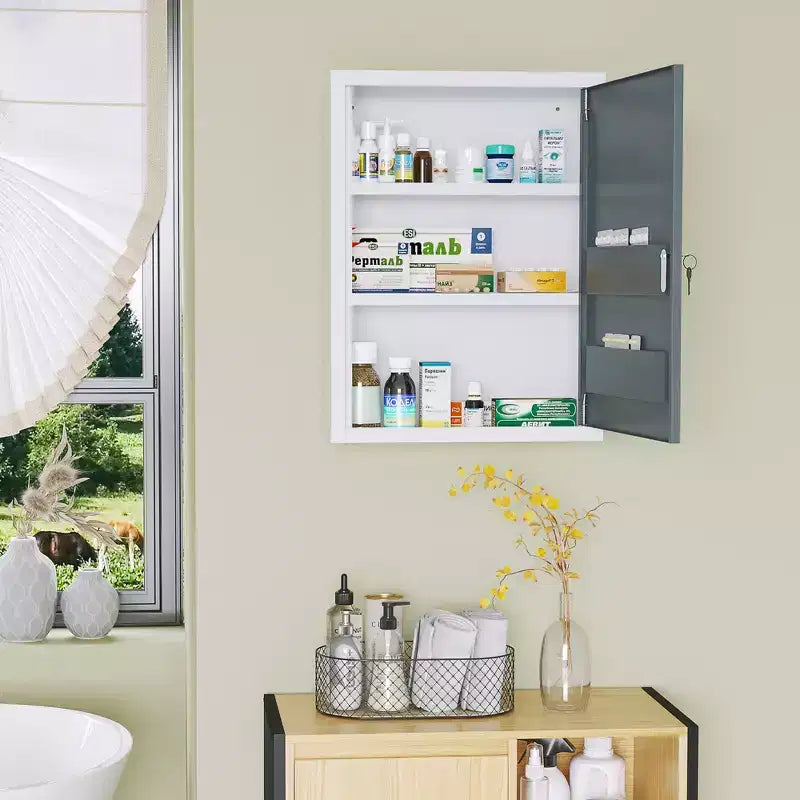 Bathroom Medicine Cabinet with Shelves Inside & On Door, Locking Medical Cabinet for Safety, First Aid Bathroom Wall Cabinet, White & Grey
