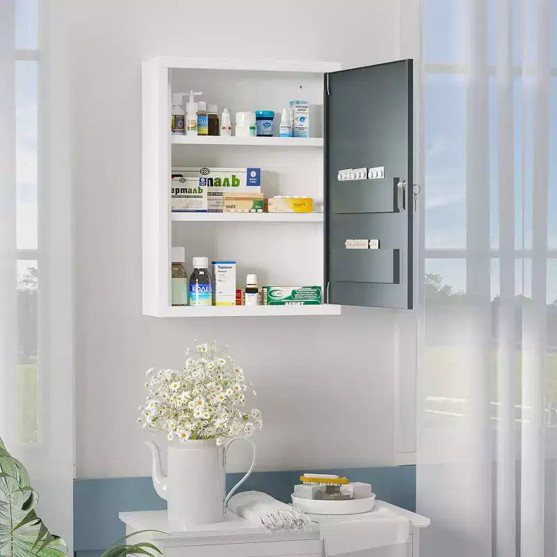 Bathroom Medicine Cabinet with Shelves Inside & On Door, Locking Medical Cabinet for Safety, First Aid Bathroom Wall Cabinet, White & Grey