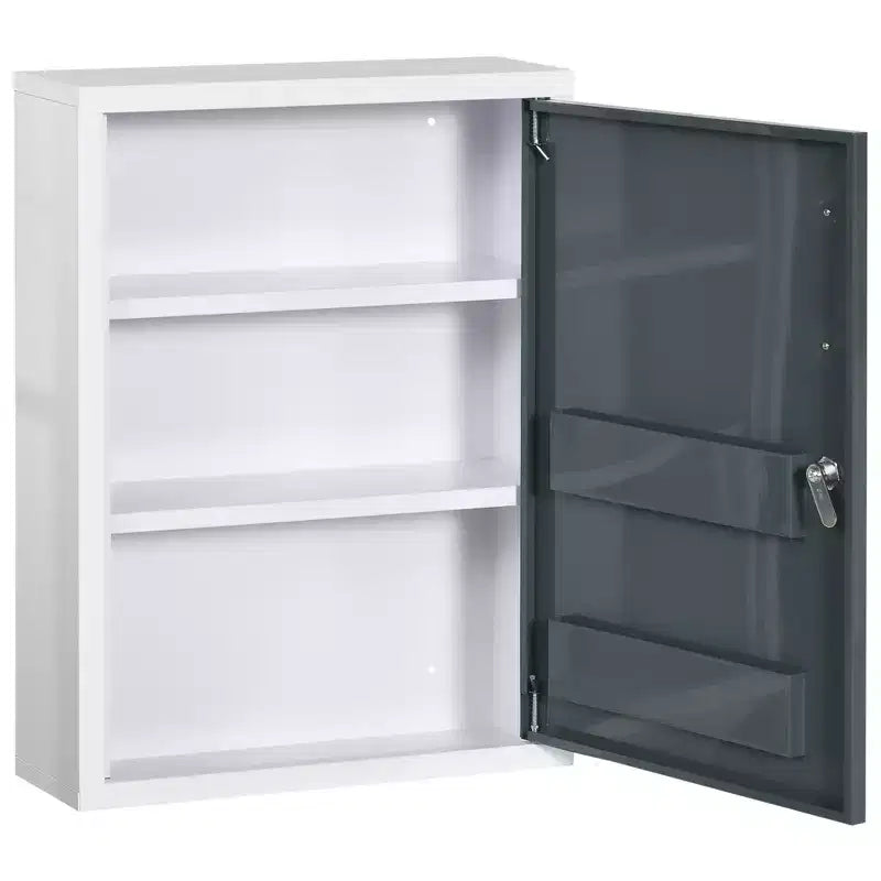 Bathroom Medicine Cabinet with Shelves Inside & On Door, Locking Medical Cabinet for Safety, First Aid Bathroom Wall Cabinet, White & Grey