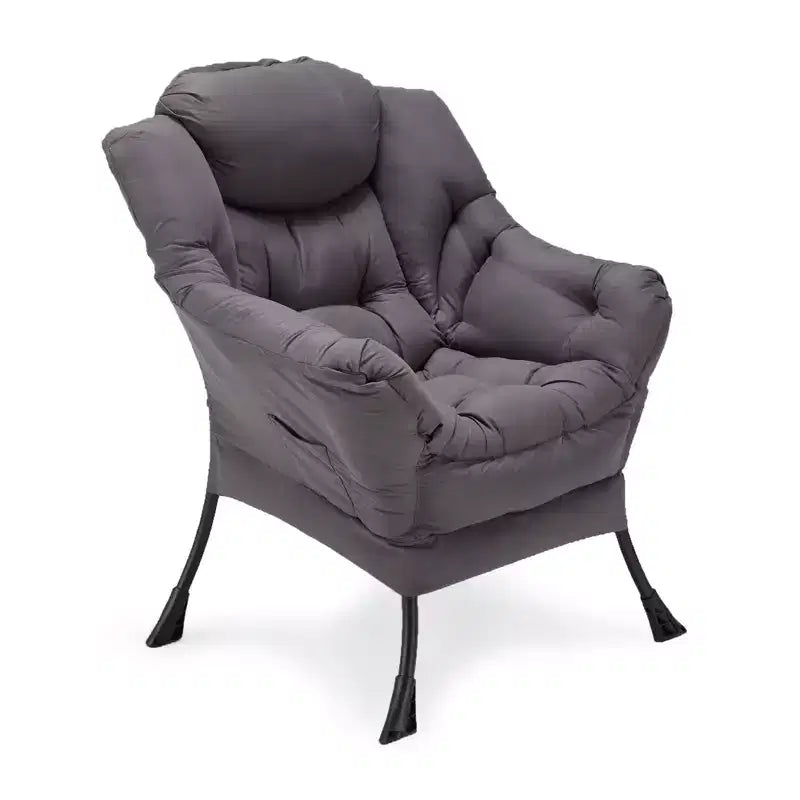 Modern Fabric Lazy Lounge Foldable Lightweight Single Steel Frame Accent Chair with Armrests and Side Pocket for Home or Office, Grey