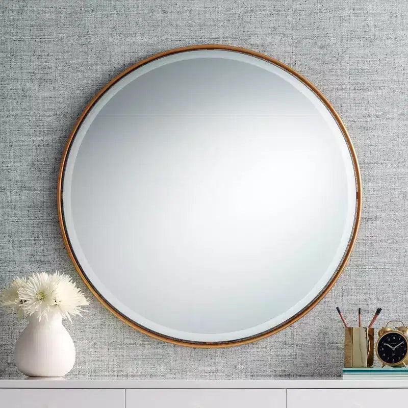 Round Vanity Decorative Wall Mirror Vintage Beveled Edge Antiqued Gold Leaf Iron Frame 34 Wide for Bathroom Bedroom Living Room Home House